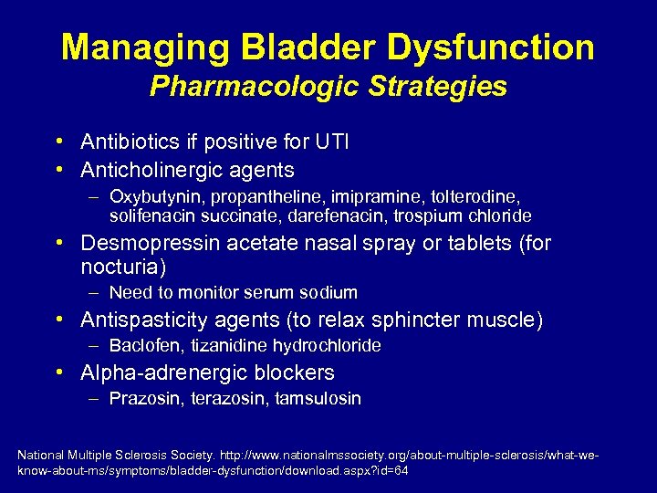 Managing Bladder Dysfunction Pharmacologic Strategies • Antibiotics if positive for UTI • Anticholinergic agents