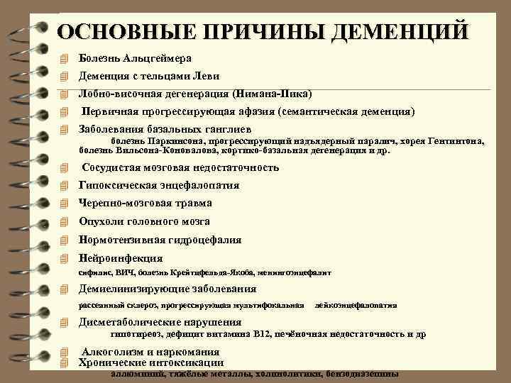 ОСНОВНЫЕ ПРИЧИНЫ ДЕМЕНЦИЙ 4 Болезнь Альцгеймера 4 Деменция с тельцами Леви 4 Лобно-височная дегенерация