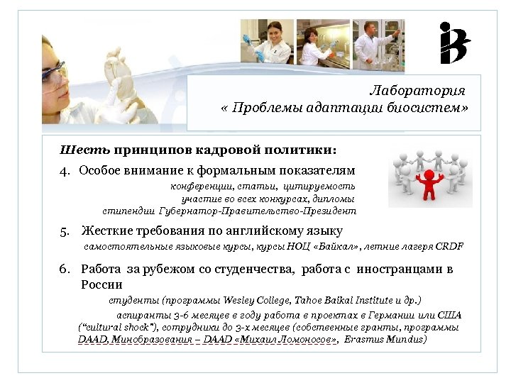 Лаборатория « Проблемы адаптации биосистем» Шесть принципов кадровой политики: 4. Особое внимание к формальным