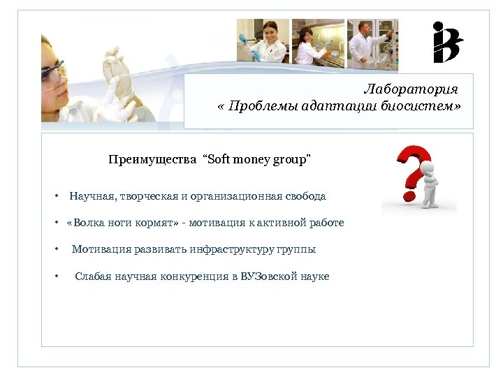 Лаборатория « Проблемы адаптации биосистем» Преимущества “Soft money group” • Научная, творческая и организационная