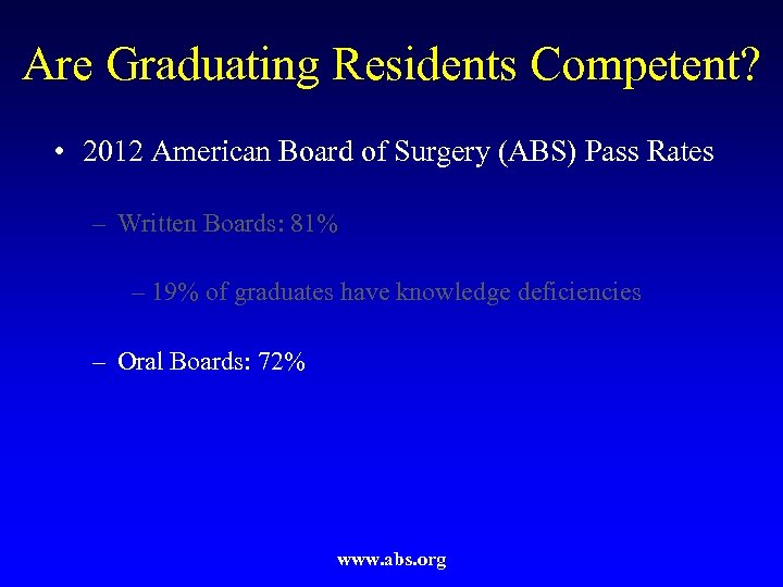 Are Graduating Residents Competent? • 2012 American Board of Surgery (ABS) Pass Rates –