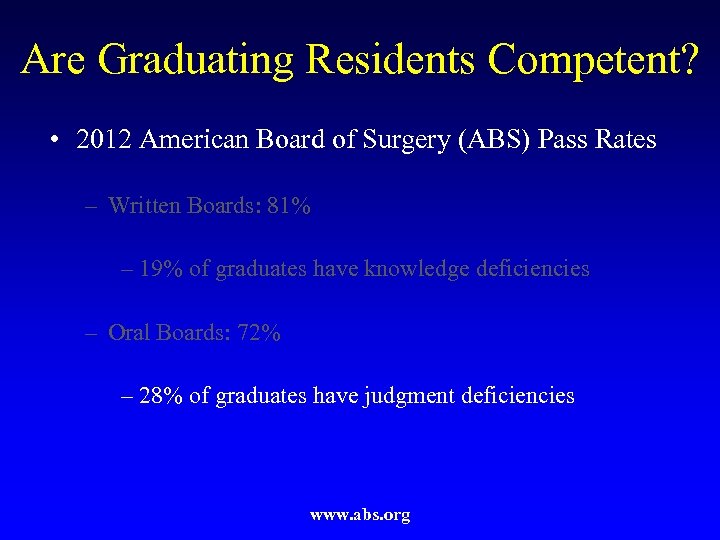 Are Graduating Residents Competent? • 2012 American Board of Surgery (ABS) Pass Rates –