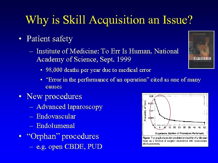 Why is Skill Acquisition an Issue? • Patient safety – Institute of Medicine: To