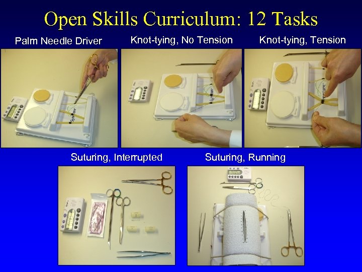 Open Skills Curriculum: 12 Tasks Palm Needle Driver Knot-tying, No Tension Suturing, Interrupted Knot-tying,
