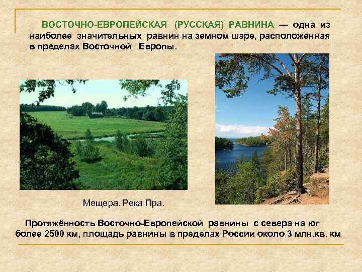 ВОСТОЧНО-ЕВРОПЕЙСКАЯ (РУССКАЯ) РАВНИНА — одна из наиболее значительных равнин на земном шаре, расположенная в