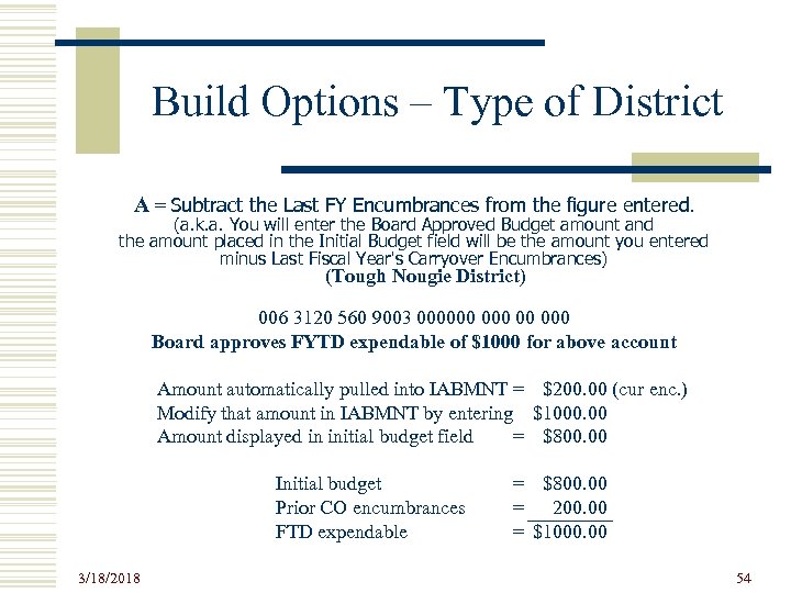 Build Options – Type of District A = Subtract the Last FY Encumbrances from