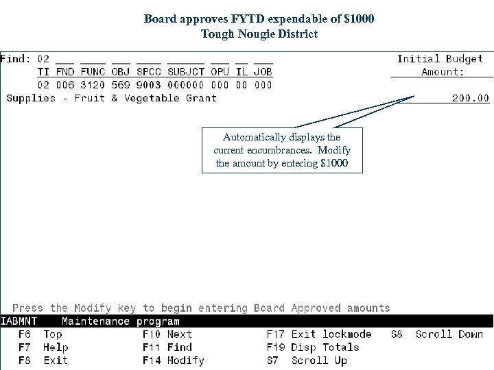 Board approves FYTD expendable of $1000 Tough Nougie District Automatically displays the current encumbrances.