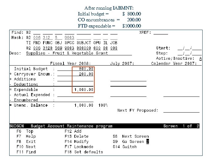 After running IABMNT: Initial budget = $ 800. 00 CO encumbrances = 200. 00