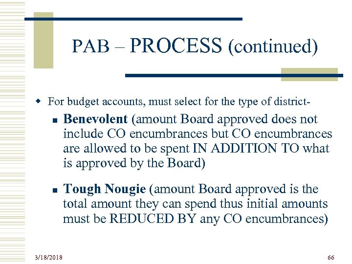 PAB – PROCESS (continued) w For budget accounts, must select for the type of