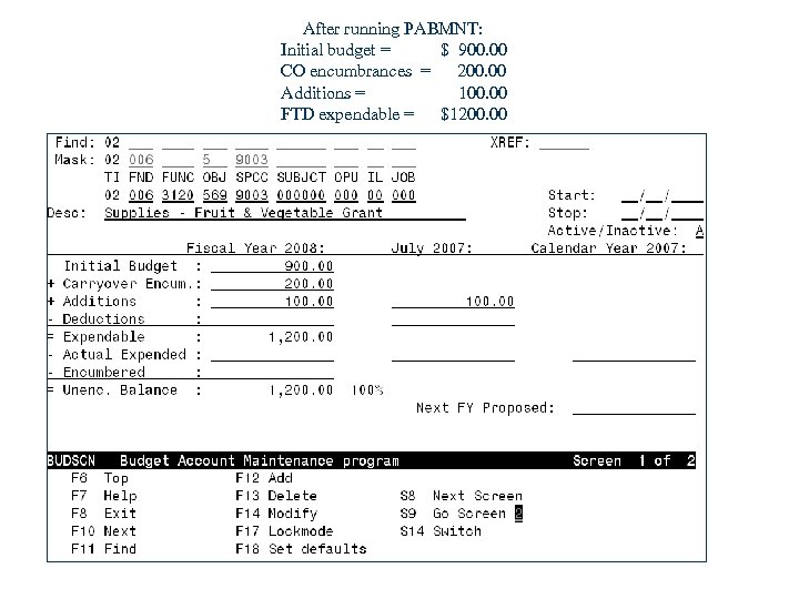 After running PABMNT: Initial budget = $ 900. 00 CO encumbrances = 200. 00