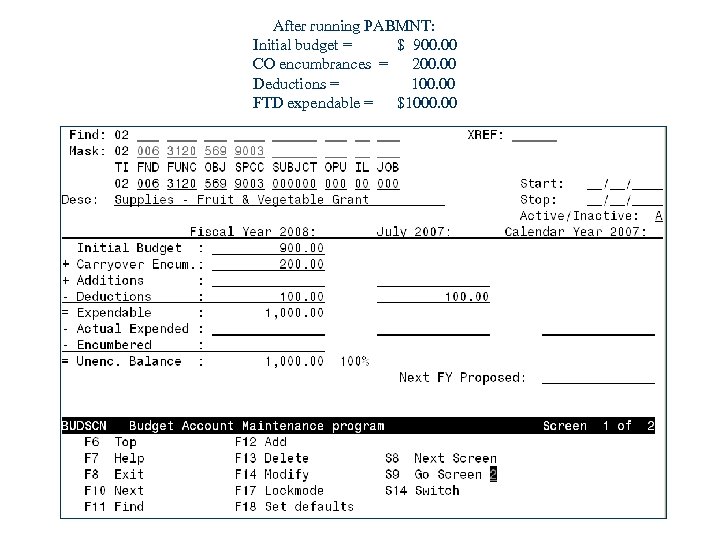 After running PABMNT: Initial budget = $ 900. 00 CO encumbrances = 200. 00