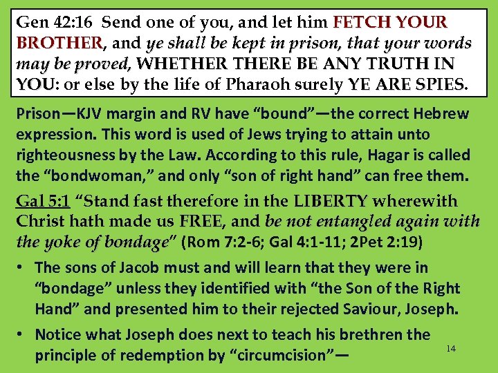 Gen 42: 16 Send one of you, and let him FETCH YOUR BROTHER, and