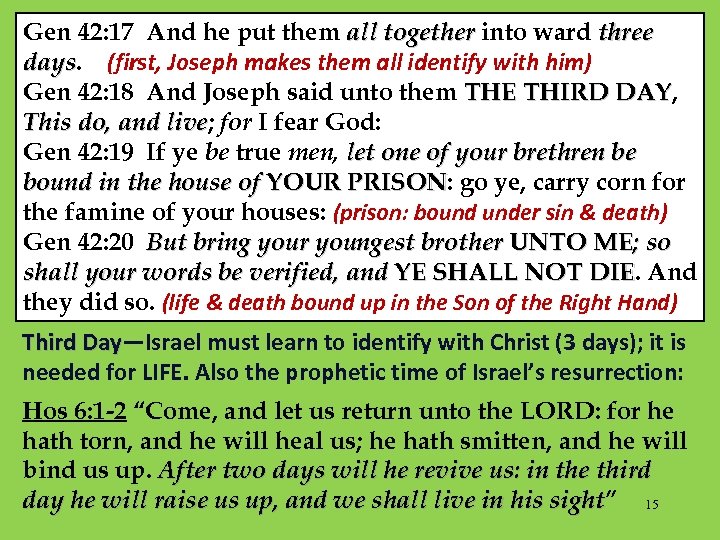 Gen 42: 17 And he put them all together into ward three days. (first,