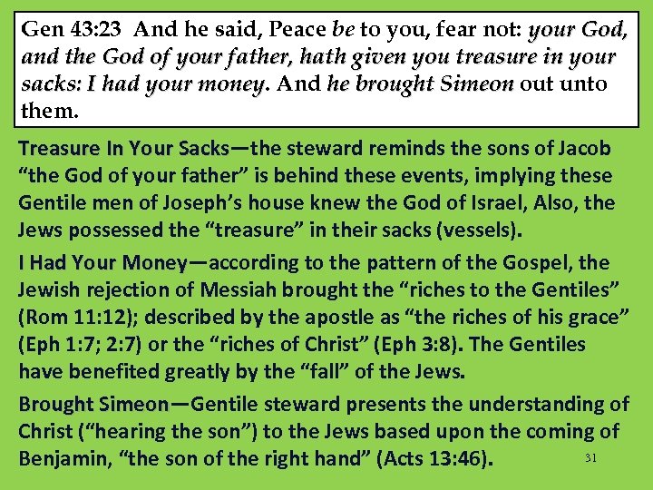 Gen 43: 23 And he said, Peace be to you, fear not: your God,