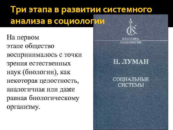 Три этапа в развитии системного анализа в социологии На первом этапе общество воспринималось с