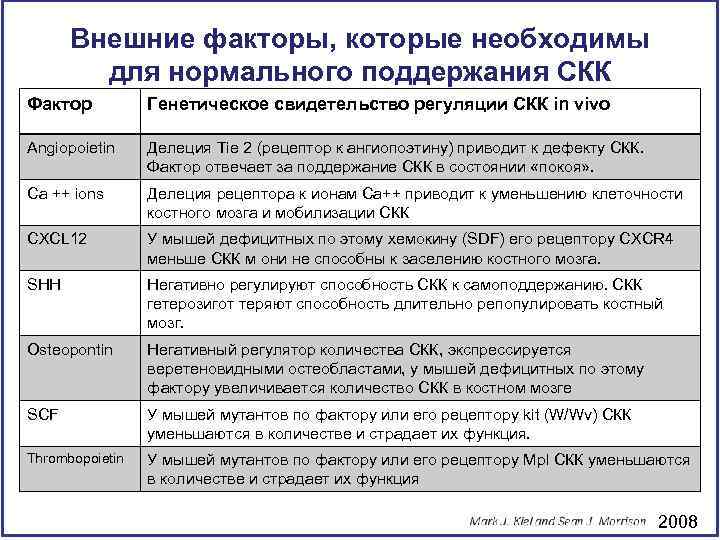 Внешние факторы, которые необходимы для нормального поддержания СКК Фактор Генетическое свидетельство регуляции СКК in