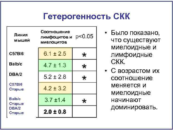 Гетерогенность СКК Линия мышей С 57 Bl 6 Balb/c DBA/2 C 57 Bl 6