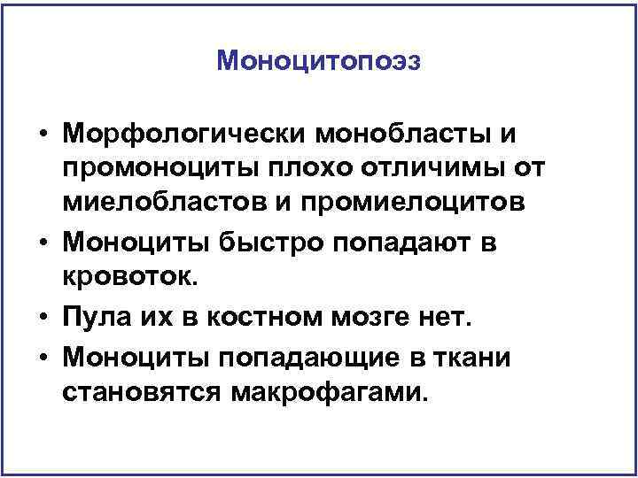 Моноцитопоэз • Морфологически монобласты и промоноциты плохо отличимы от миелобластов и промиелоцитов • Моноциты