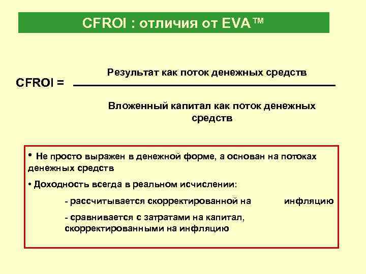 CFROI : отличия от EVA™ CFROI = Результат как поток денежных средств Вложенный капитал