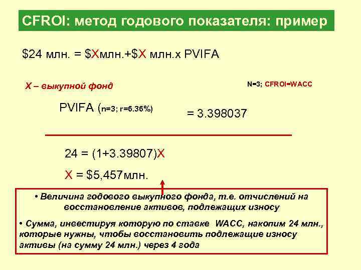 CFROI: метод годового показателя: пример $24 млн. = $Хмлн. +$Х млн. х PVIFA Х