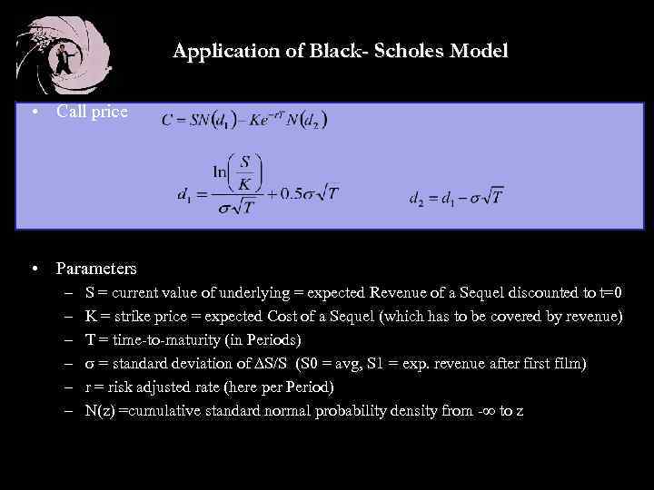 Application of Black- Scholes Model • Call price • Parameters – – – S