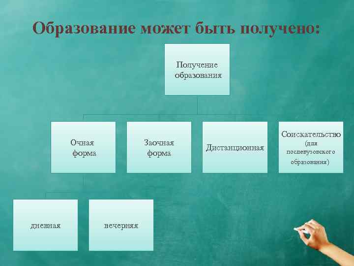 Образование может быть получено: Получение образования Очная форма дневная Заочная форма вечерняя Соискательство Дистанционная