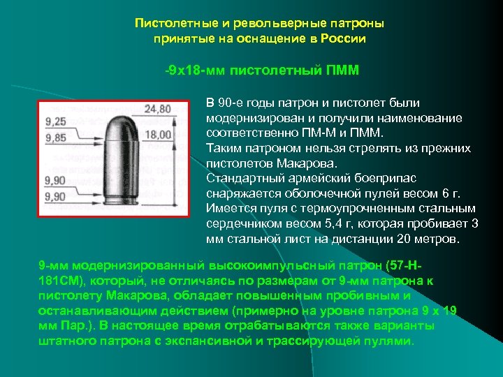 Пистолетные и револьверные патроны принятые на оснащение в России -9 х18 -мм пистолетный ПММ