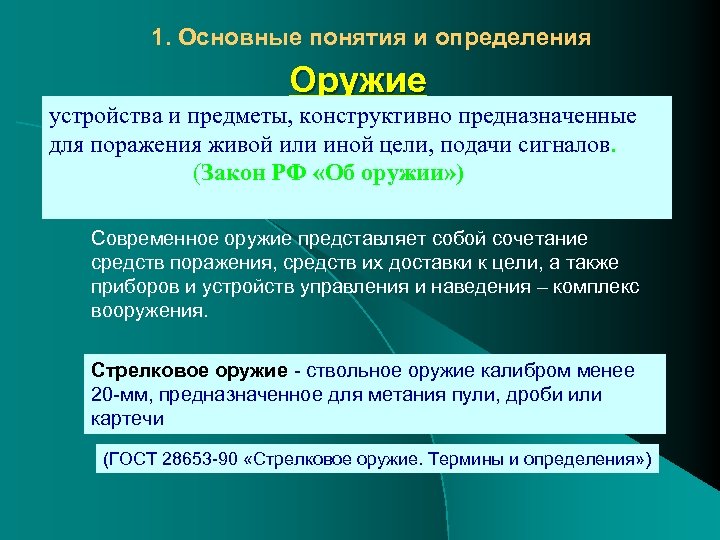 1. Основные понятия и определения Оружие устройства и предметы, конструктивно предназначенные для поражения живой