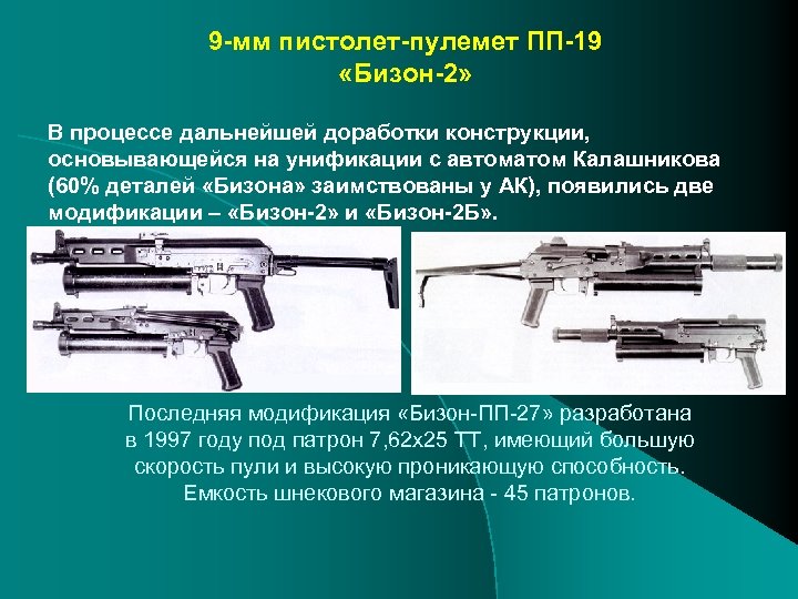 9 -мм пистолет-пулемет ПП-19 «Бизон-2» В процессе дальнейшей доработки конструкции, основывающейся на унификации с