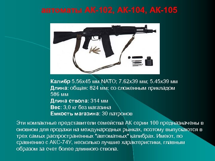 автоматы АК-102, АК-104, АК-105 Калибр 5. 56 x 45 мм NATO; 7. 62 x