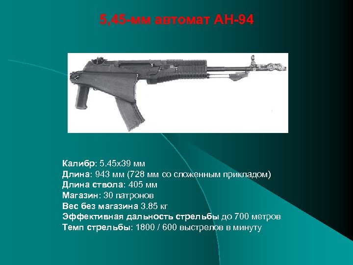 5, 45 -мм автомат АН-94 Калибр: 5. 45 x 39 мм Длина: 943 мм