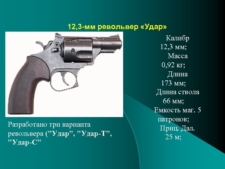 12, 3 -мм револьвер «Удар» Калибр 12, 3 мм; Масса 0, 92 кг; Длина