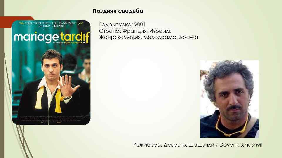 Поздняя свадьба Год выпуска: 2001 Страна: Франция, Израиль Жанр: комедия, мелодрама, драма Режиссер: Довер