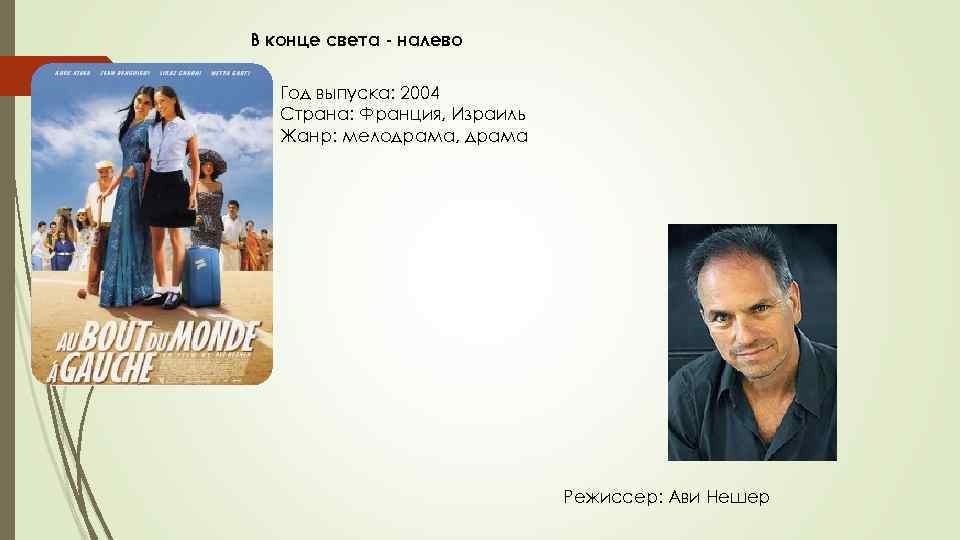 В конце света - налево Год выпуска: 2004 Страна: Франция, Израиль Жанр: мелодрама, драма