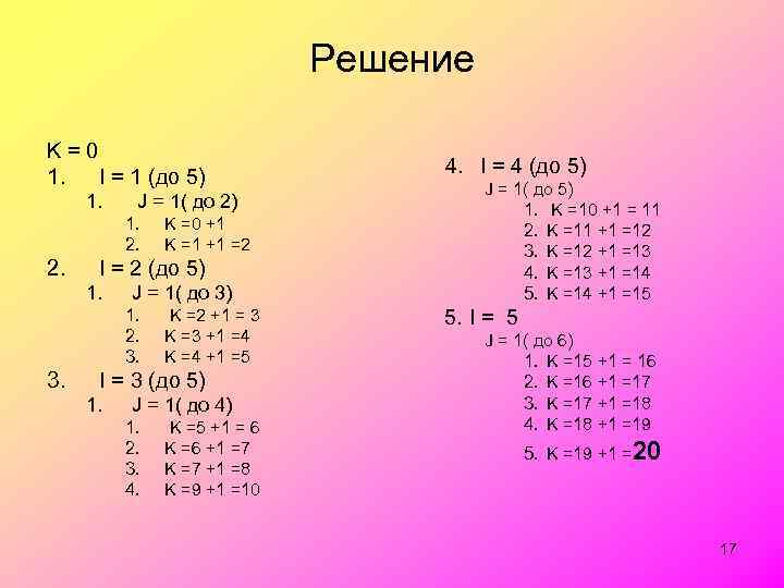 Решение K=0 1. I = 1 (до 5) 1. J = 1( до 2)