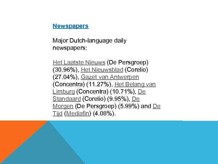 Newspapers Major Dutch-language daily newspapers: Het Laatste Nieuws (De Persgroep) (30. 96%), Het Nieuwsblad
