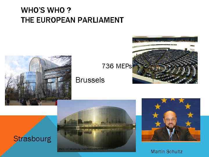 WHO’S WHO ? THE EUROPEAN PARLIAMENT 736 MEPs Brussels Strasbourg Martin Schultz 