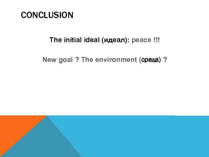CONCLUSION The initial ideal (идеал): peace !!! New goal ? The environment (среда) ?