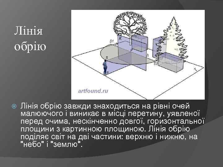 Лінія обрію завжди знаходиться на рівні очей малюючого і виникає в місці перетину, уявленої