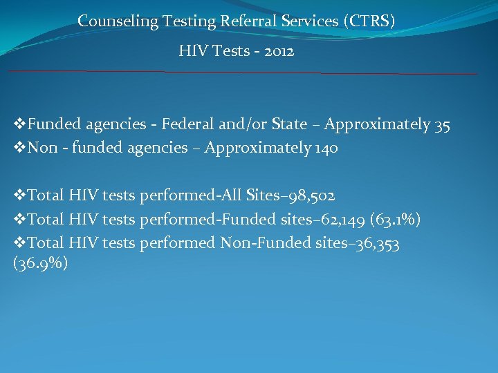 Counseling Testing Referral Services (CTRS) HIV Tests - 2012 v. Funded agencies - Federal