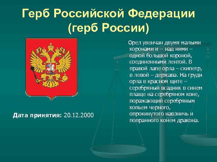 Герб Российской Федерации (герб России) Дата принятия: 20. 12. 2000 Орел увенчан двумя малыми