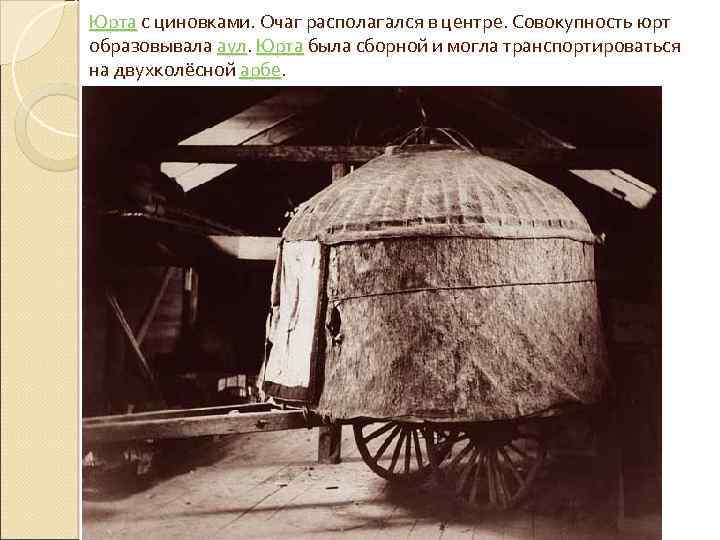 Юрта с циновками. Очаг располагался в центре. Совокупность юрт образовывала аул. Юрта была сборной