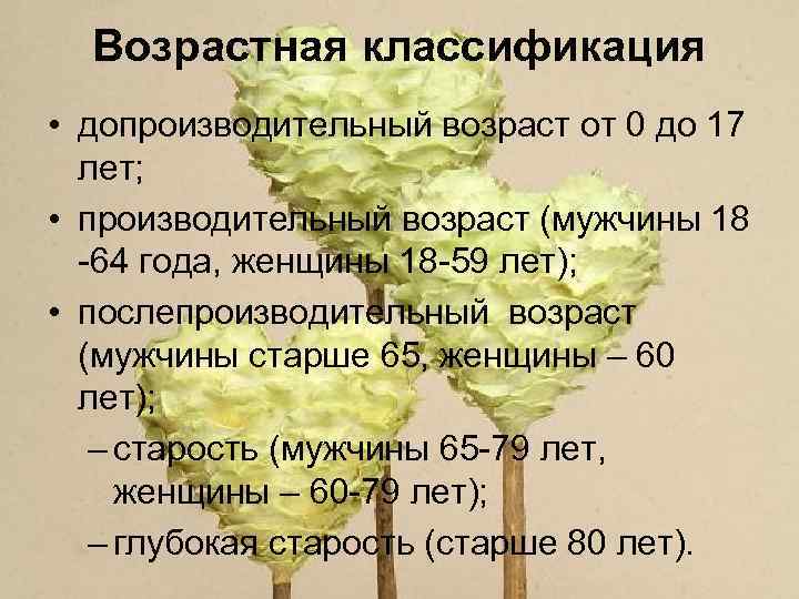 Возрастная классификация • допроизводительный возраст от 0 до 17 лет; • производительный возраст (мужчины