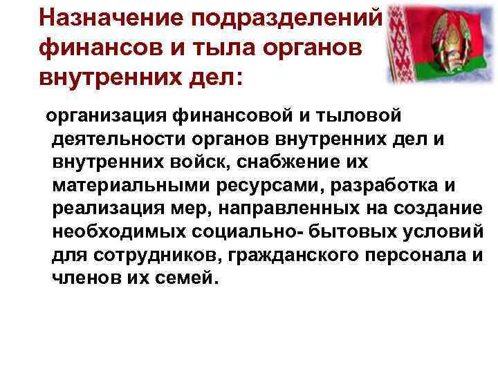 Назначение подразделений финансов и тыла органов внутренних дел: организация финансовой и тыловой деятельности органов