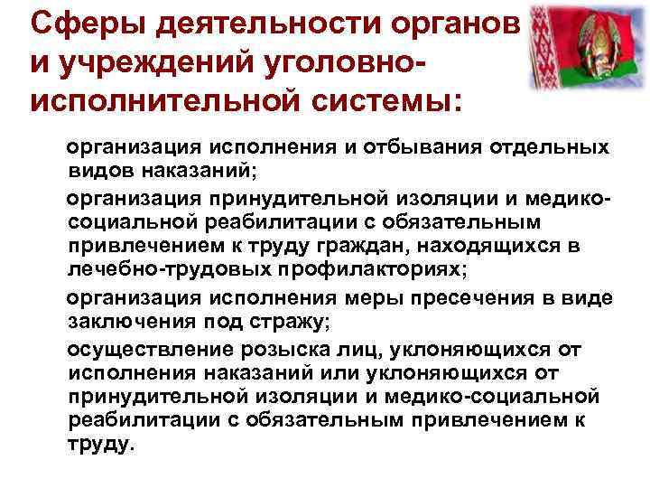 Сферы деятельности органов и учреждений уголовноисполнительной системы: организация исполнения и отбывания отдельных видов наказаний;