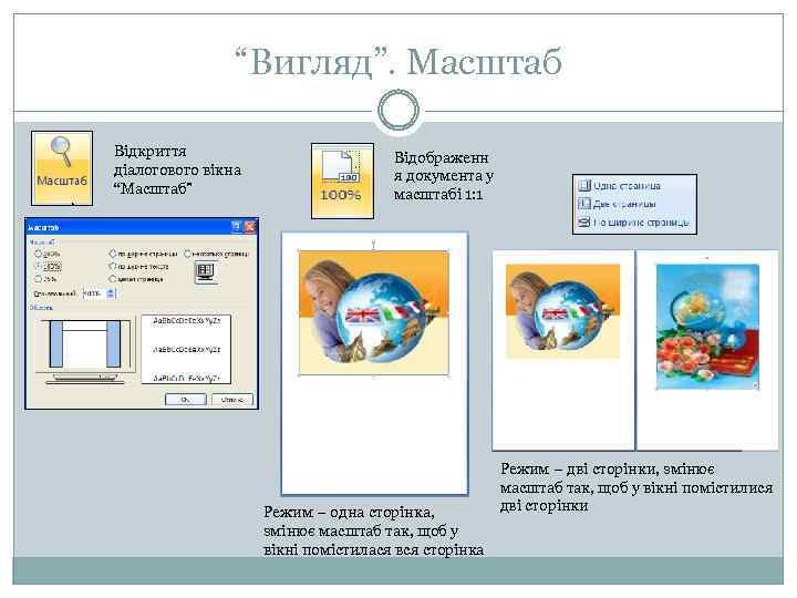 “Вигляд”. Масштаб Відкриття діалогового вікна “Масштаб” Відображенн я документа у масштабі 1: 1 Режим