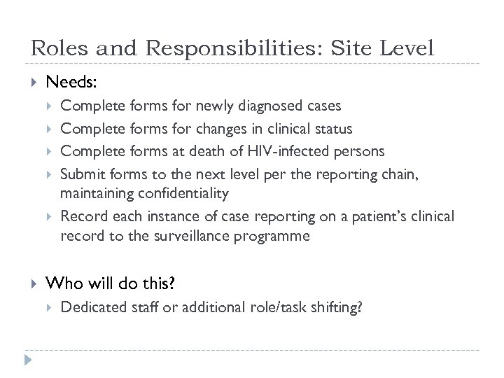 Roles and Responsibilities: Site Level Needs: Complete forms for newly diagnosed cases Complete forms