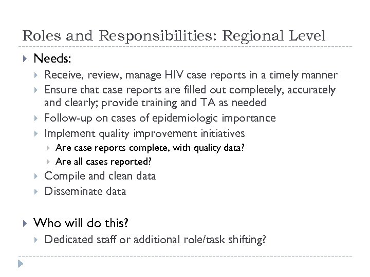 Roles and Responsibilities: Regional Level Needs: Receive, review, manage HIV case reports in a