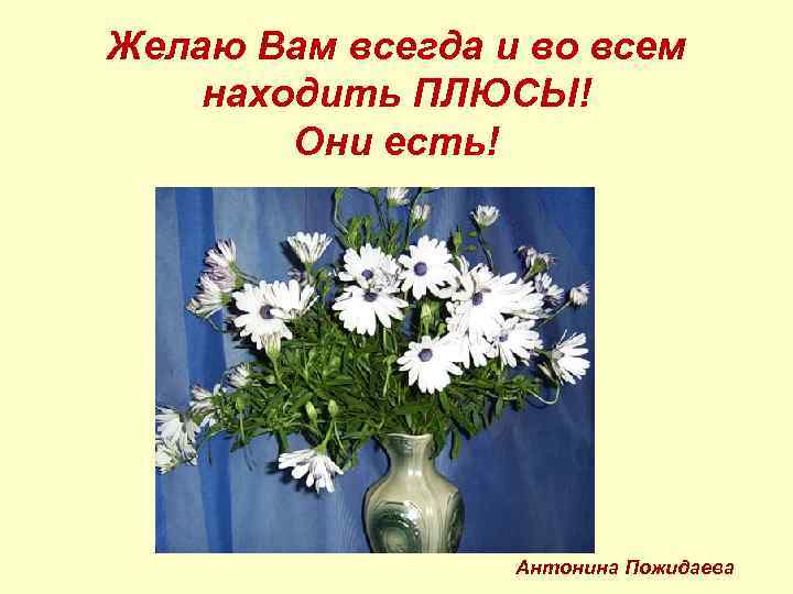 Желаю Вам всегда и во всем находить ПЛЮСЫ! Они есть! Антонина Пожидаева 