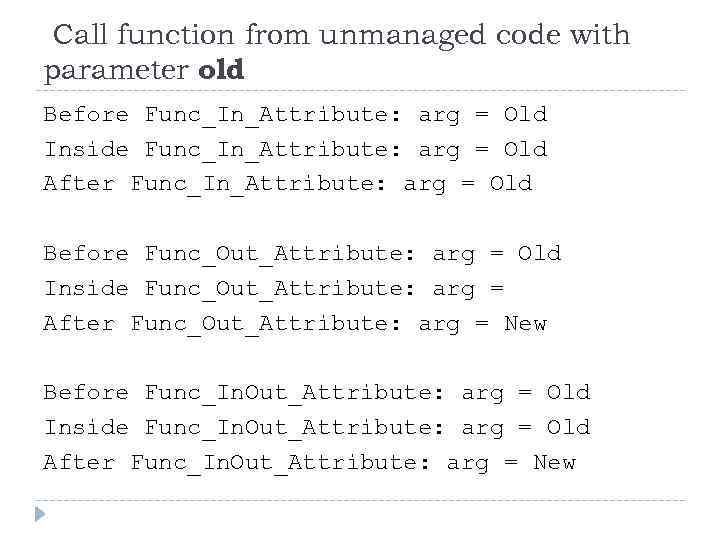 Call function from unmanaged code with parameter old Before Func_In_Attribute: arg = Old Inside